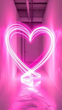 Glowing pink heart light trail in a narrow, white corridor