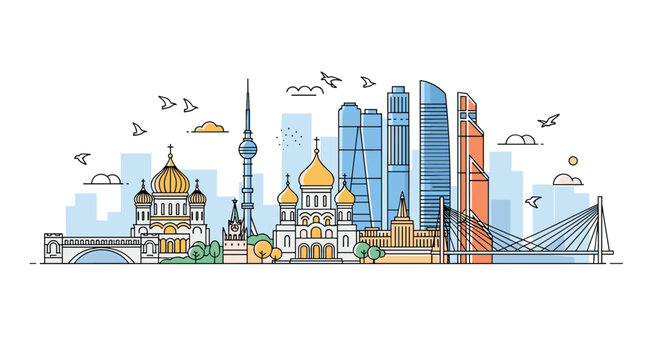 Moscow city skyline line art illustration featuring historic cathedrals, modern skyscrapers, and bridges, vector banner.