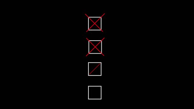 four Bullet point multiple choice checklist presentation boxes with thin animated hand drawn crosses on a plain simple black background.Motion graphics of concept