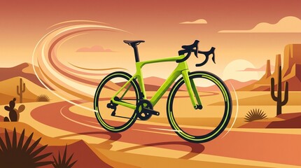 Fototapeta premium Dynamic Illustration of a Neon Green Road Bicycle in Motion Through a Desert Landscape at Sunset