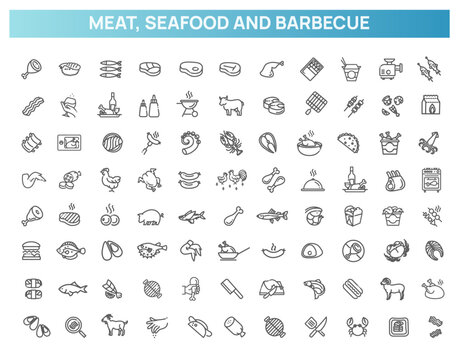 Meat, Seafood and Barbecue Line Icons Set. Cooking, Grill, Fast Food Outline Collection
