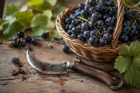 Curved pruning knife with soil traces beside a basket of black grapes.