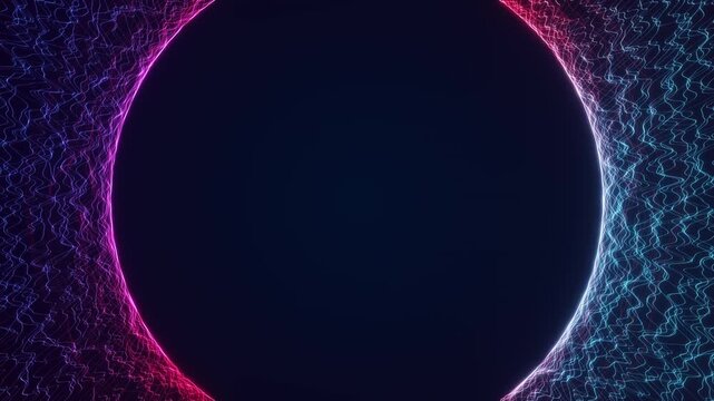 Seamless loop of pink and blue digital wave frame with dark copy space, futuristic abstract tech background.