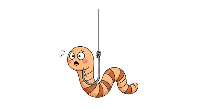 Scared cartoon earthworm is wiggling on a sharp metal fishing hook with a worried expression, isolated on a clean white background.