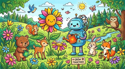 Fototapeta premium Colorful Robot and Nature Friends in a Cheerful Garden