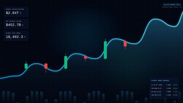 Dynamic financial graph showing upward trend with candlesticks and data on dark background