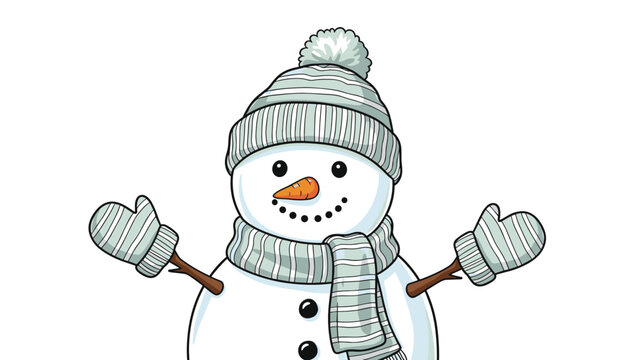 Smiling cartoon snowman wearing a warm striped winter hat, matching scarf, and mittens on a white background.