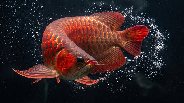 Super red Asian arowana dragon fish swimming dynamically in an S-shape curve with swirling bubbles against a dark background