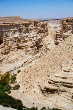 The view from above of a steep canyon known as Wadi Ein Avdat in the Negev, Israel, near Kibbutz Sde Boker