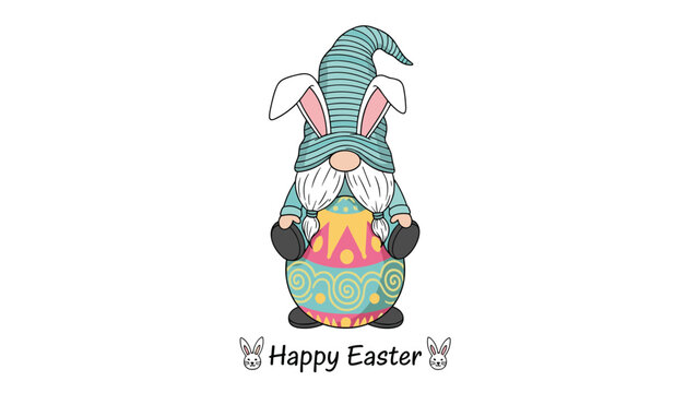 Cute Easter gnome with bunny ears holding a large colorful decorated egg, wishing Happy Easter in a beautiful festive design.