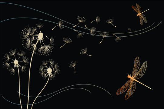 Wild flower dandelion with free space for text.  Vector flower for background, dandelion flying wall decal children's room 