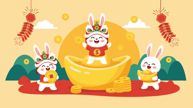 Cute cartoon rabbits wearing lion dance hats celebrating Chinese New Year with giant gold sycee and firecrackers on a bright yellow background.