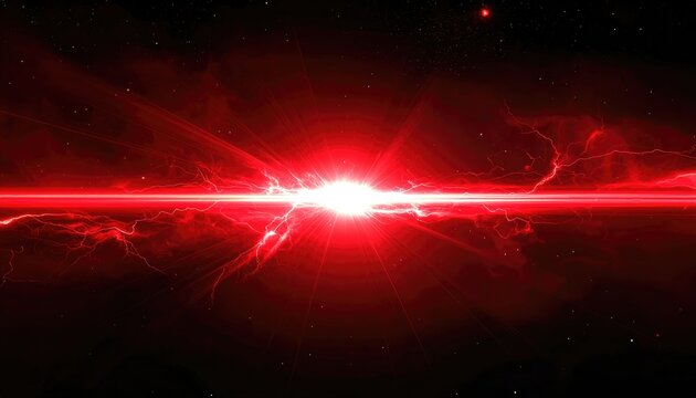 Brilliant crimson energy blast splits the void, illuminating cosmic dust and nebulas