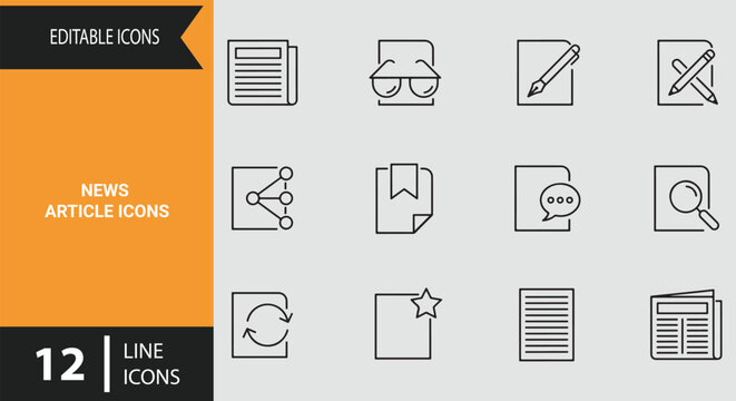 News article outline icons featuring editorial press writing newspaper column blog publication icon set