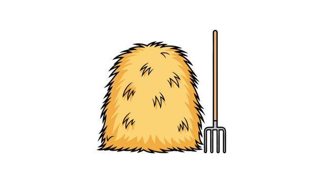 Dry yellow haystack next to a classic wooden pitchfork drawn in a vector illustration on white background.