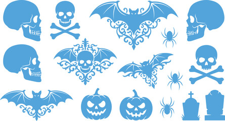 Naklejka premium Halloween collection with skulls bats spiders and pumpkins halloween tombstone celebration silhouette isolated decoration mysterious frightening monochrome illustration creative seasonal