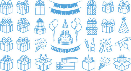 Fototapeta premium Party decoration and birthday celebration icon set with birthday celebration firework surprise toasting decoration isolated collection silhouette confetti monochrome illustration creative
