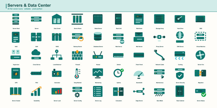 Servers and Data Center Flat Icons Set &ndash; Editable Vector Server Symbols