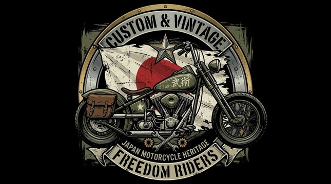 Custom and Vintage Japanese Motorcycle Emblem Vector Illustration with Japan Flag and Freedom Riders Text