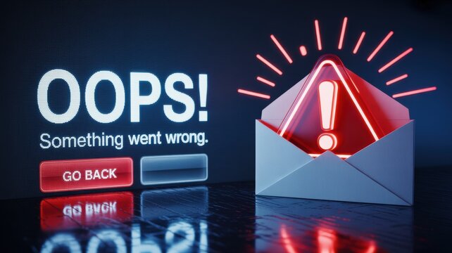 Computer error message OOPS something went wrong with warning symbol coming out of envelope
