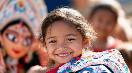 Fototapeta premium A portrait of a cheerful young girl participating in the Early Durga Mask Festival with traditional colorful attire and festive spirit
