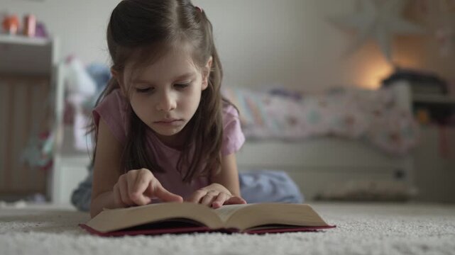 Focused little girl learning to read a book on the floor