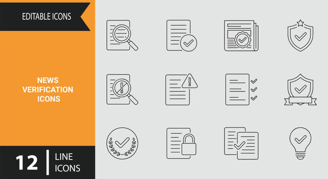News verification outline icons featuring fact checking true information fake news detection icon set