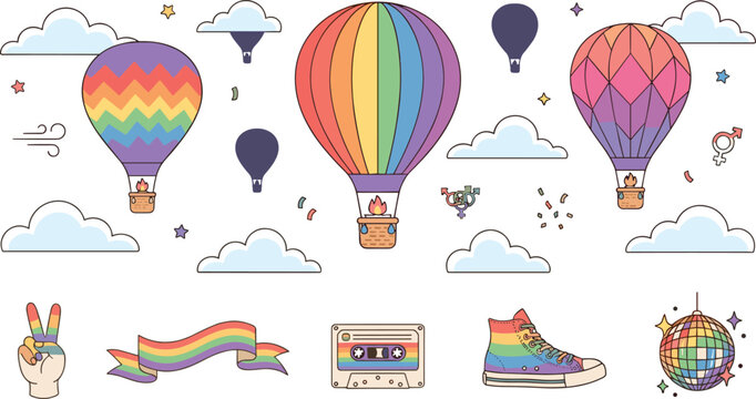 LGBT Pride Hot Air Balloon Vector Illustration Set with Rainbow Flag Elements, Retro Cassette Tape, Disco Ball, Sneaker, and Clouds for Festival Designs,