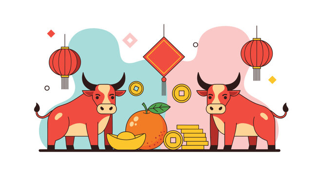 Festive Chinese New Year illustration showcases two red oxen, traditional hanging lanterns, gold coins, and an orange.