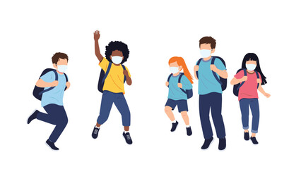 Fototapeta premium Group of diverse primary school children wearing medical face masks and backpacks jumping with joy on their way to school.