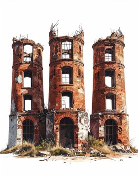 Three crumbling brick towers with gaping windows against a white background