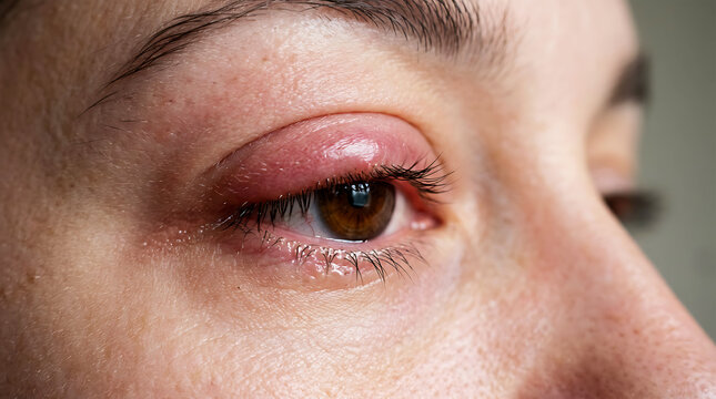 Close-up of a human eye with noticeable swelling and redness