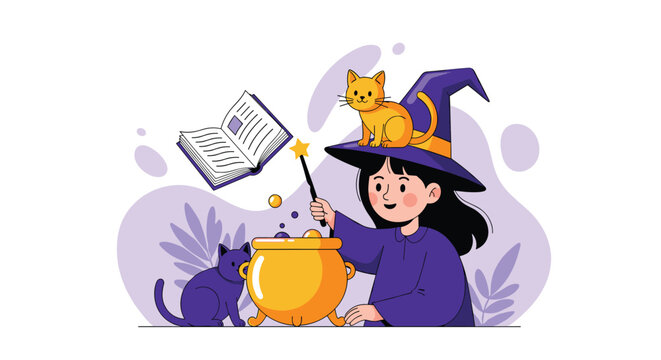 Cute young witch brewing a potion in a golden cauldron with her black and orange cats under a flying spellbook.