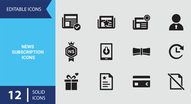 News subscription solid icons highlighting premium reader access paywall membership tier sign icon set