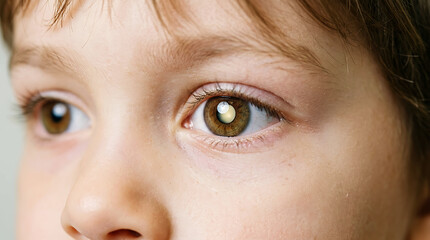 Close-up of child's eye with leukocoria, blue iris, light skin © designer rofiqul