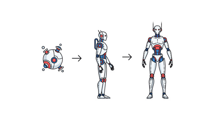 Technical diagram demonstrating the design evolution of a robotic character from a sphere to a humanoid form.