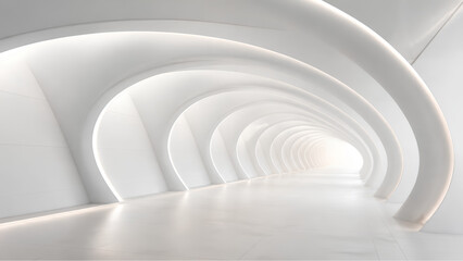 Naklejka premium Luxury abstract white tunnel featuring layered concentric curves, smooth architectural geometry, clean futuristic space, premium minimal background with copy space.