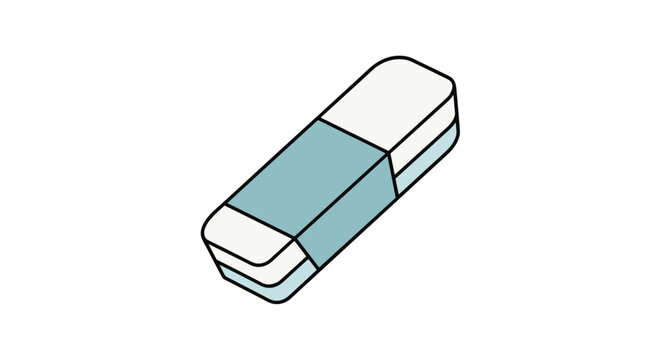 Isometric illustration of a traditional white rubber eraser with a blue cardboard protective sleeve.