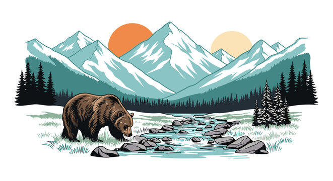 Majestic brown bear walks through a rocky mountain river next to a pine forest with high peaks in a retro style.
