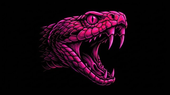 Pink venomous snake head illustration on black background.