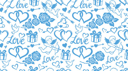 Fototapeta premium Seamless pattern of romantic valentine elements including hearts roses and cupids with valentine romantic seamless background marriage sweetheart celebration anniversary wallpaper wrapping