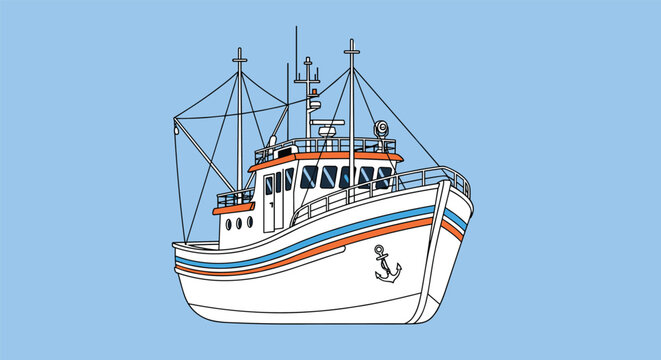 Detailed illustration of a classic white and blue fishing trawler boat on a clean blue background.