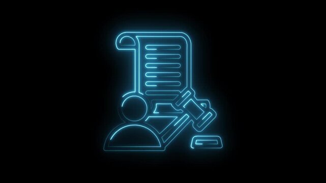 Neon blue glowing legal document gavel and person icon abstract background justice law court