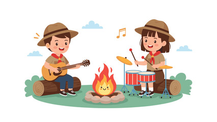 Fototapeta premium Cute young boy and girl scouts performing music with guitar and drums around a cute smiling campfire character.