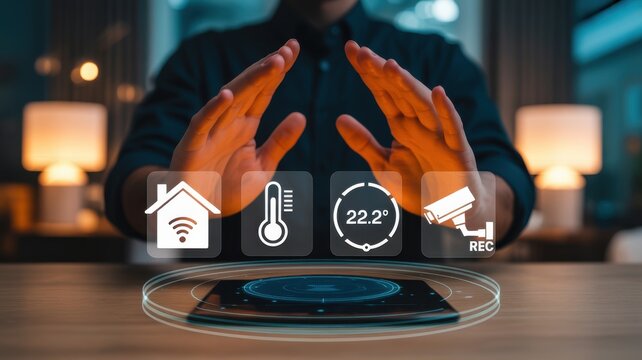 Smart home automation system interface controlled by human hands over a futuristic digital device.