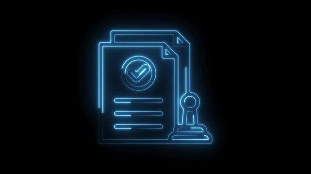 Neon blue outline of a document with a checkmark and a stamp signifying approval confirmation icon