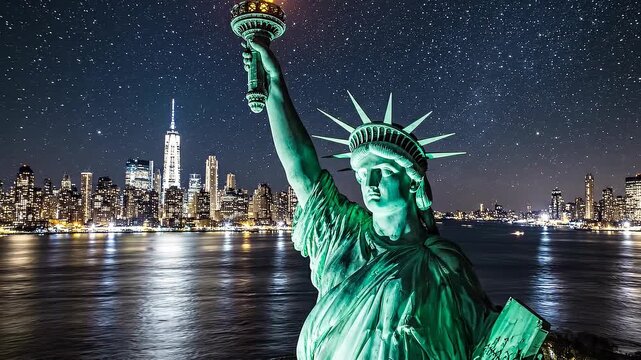 A close up view of a copper statue illuminated at night with a glowing torch held high. In the background a sparkling city skyline reflects on dark water under a deep starry night sky.