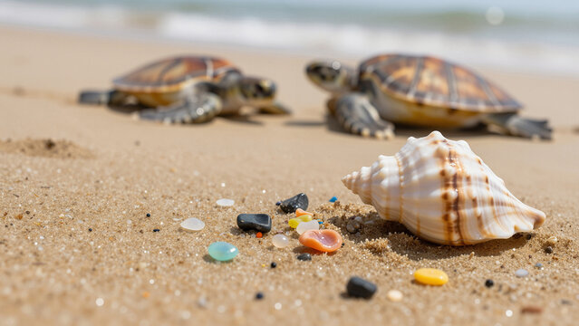 Baby sea turtles on a sandy beach with shells and microplastics, environmental issues.