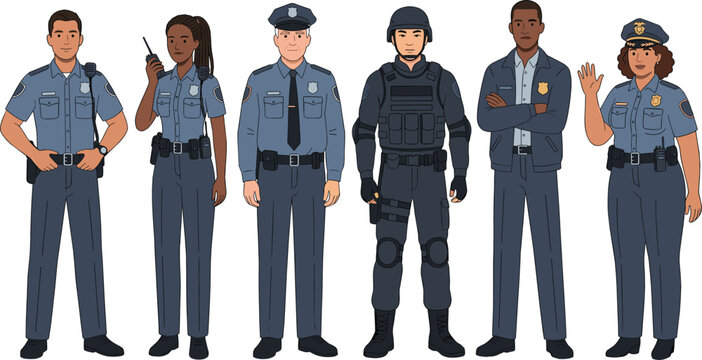Police Officer Character Collection with Diverse Law Enforcement Cartoon Vector Illustrations