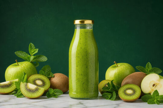 A glass bottle of green fruit smoothie surrounded by fresh kiwi, apples, and generated using ai